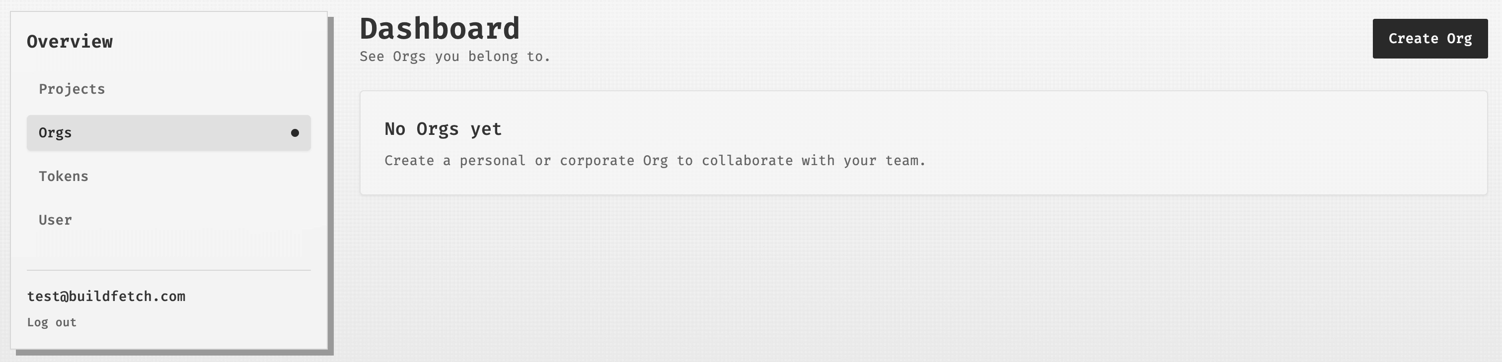 Dashboard Orgs page with the Create Org button.