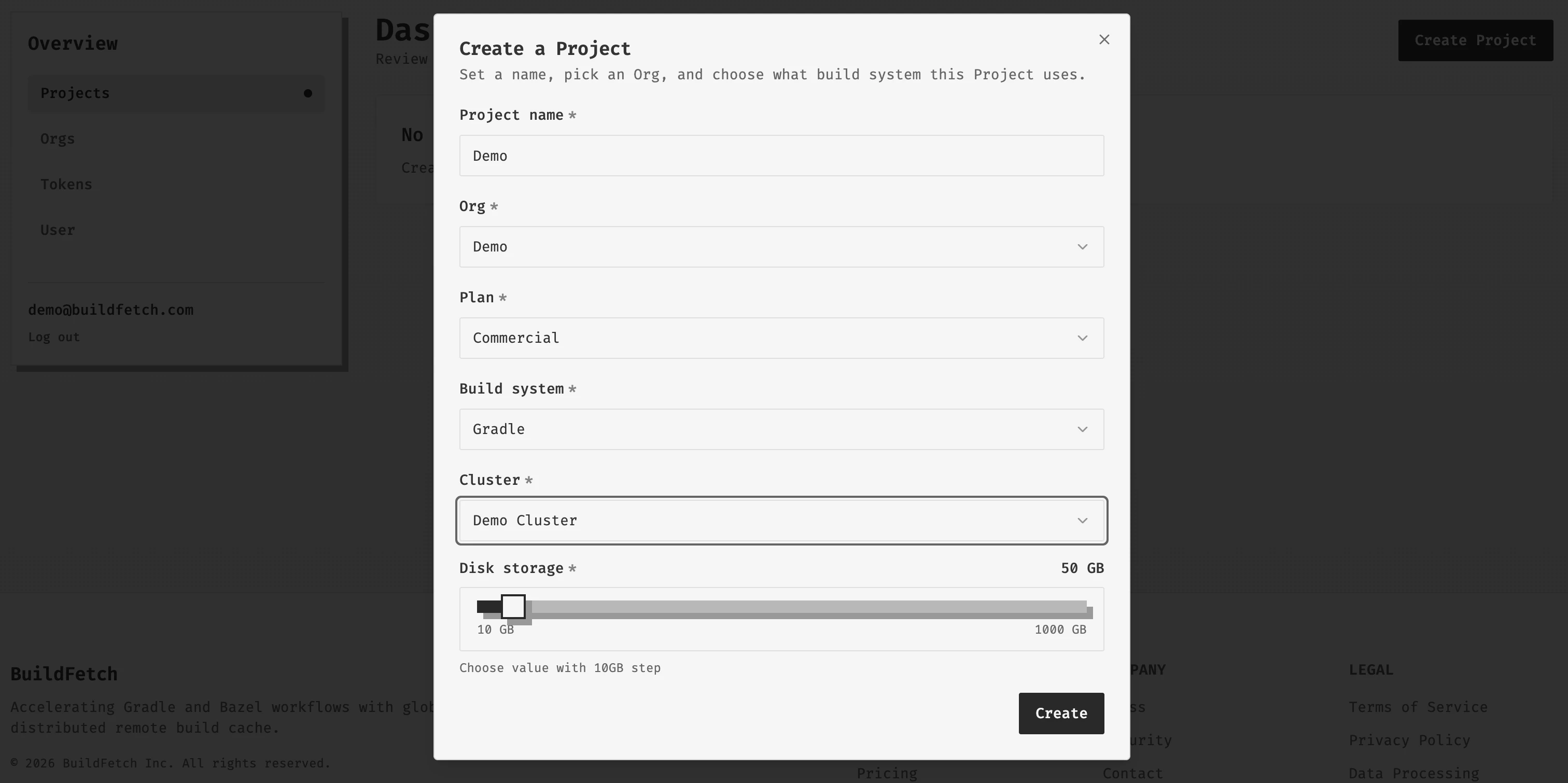 Create BuildFetch Cache Project dialog with Project name, Org, plan, build system, cluster, and storage size fields.