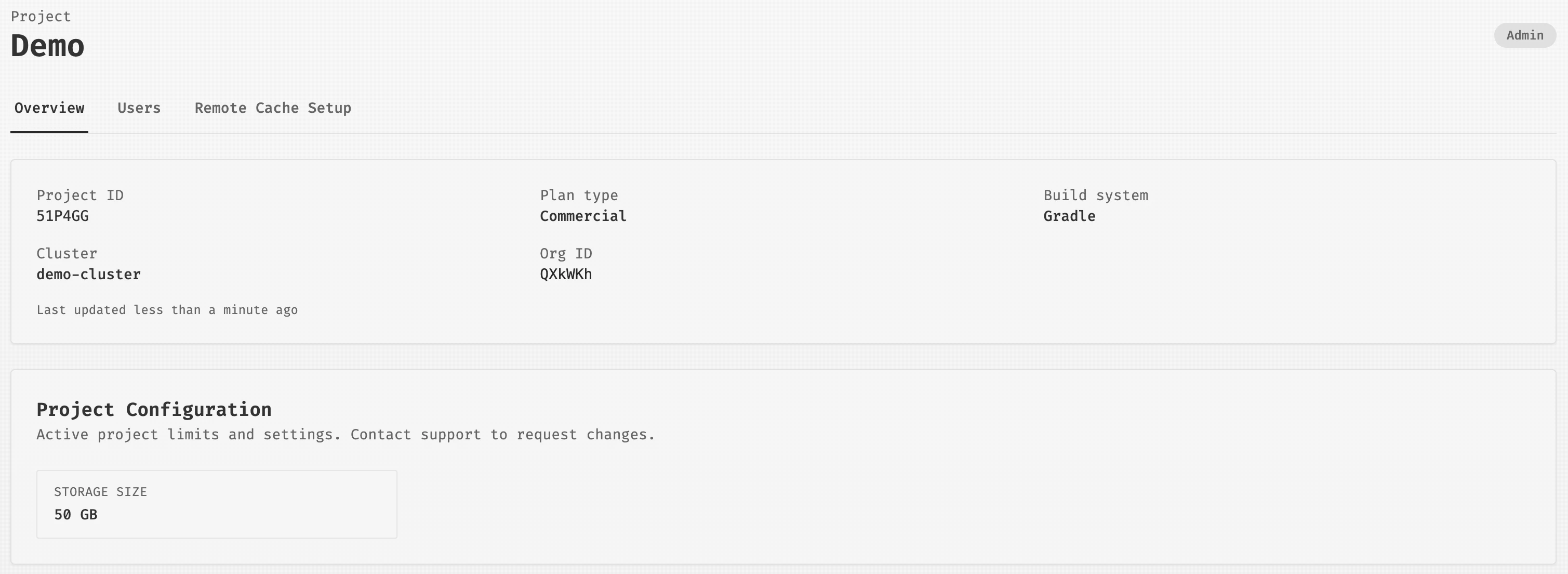 Created Project overview page showing Project details and configuration.