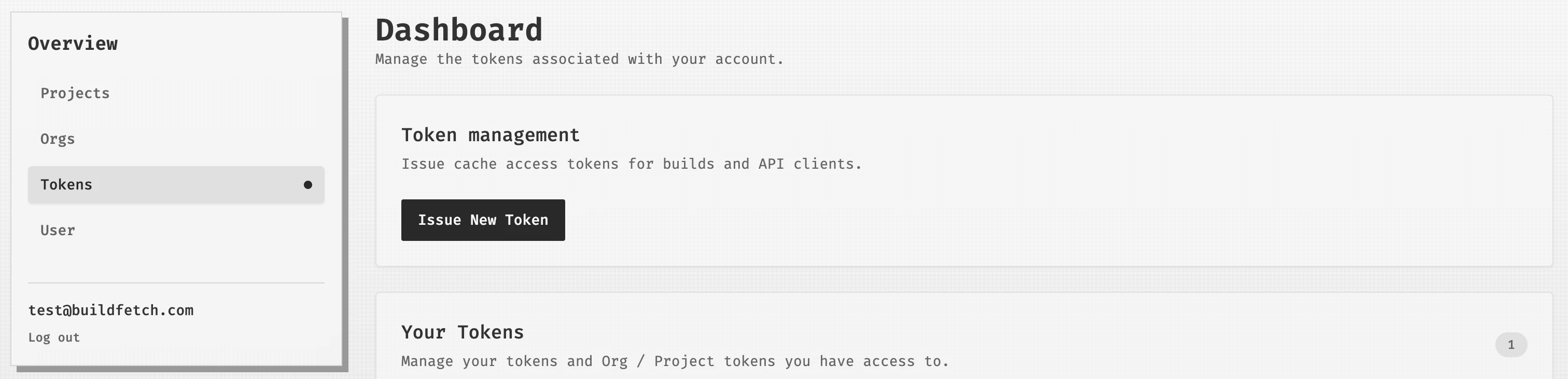 Dashboard Tokens page with the Issue New Token button.