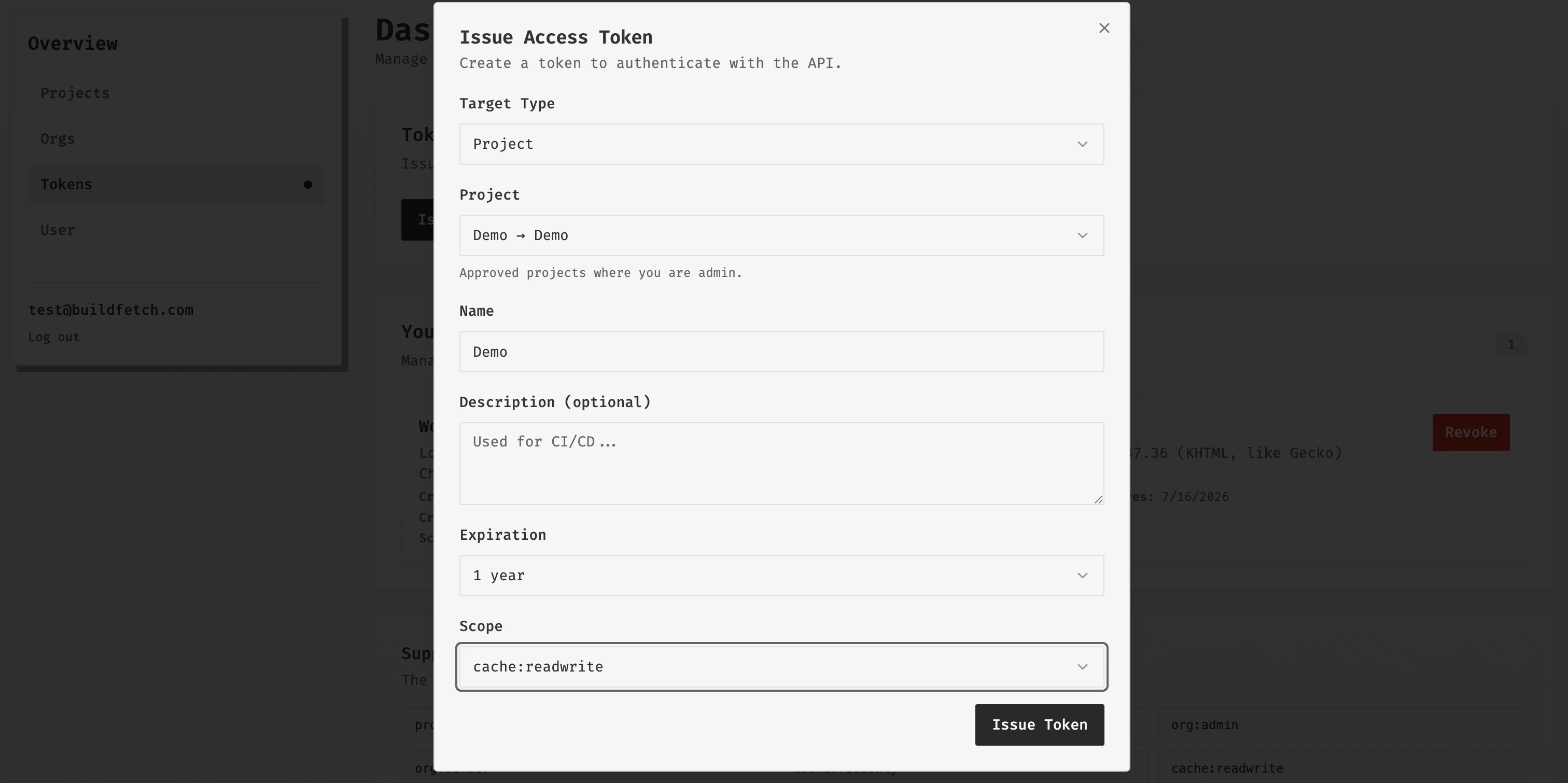 Issue Access Token dialog with Project target, token name, expiration, and scope fields.