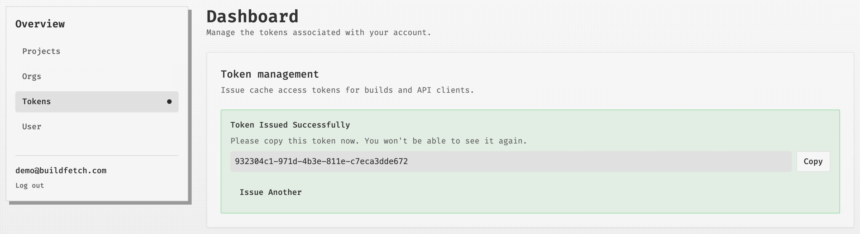 Token management page showing a successfully issued token with a copy button.